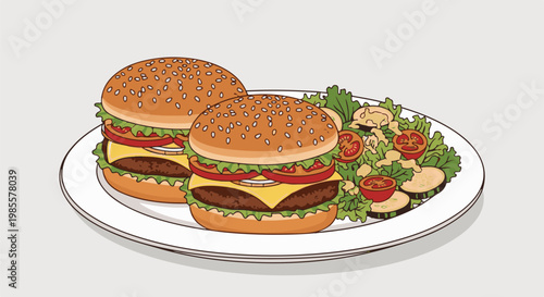 Two juicy cheeseburgers and a fresh side salad on a plate