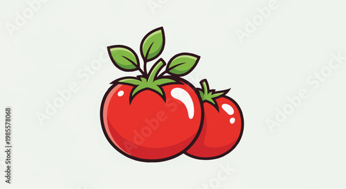 Two ripe red tomatoes with green leaves on a plain white background