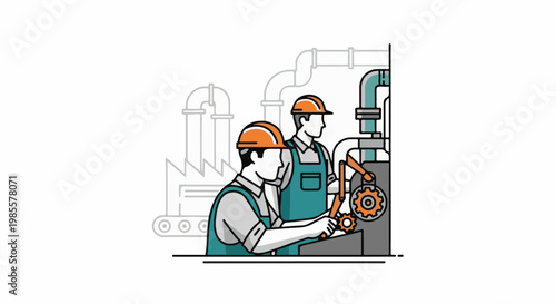 Two workers in hard hats operate industrial machinery with pipes and gears
