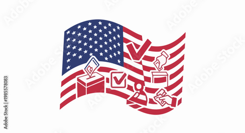 Voting symbols and an American flag blend, representing the democratic process