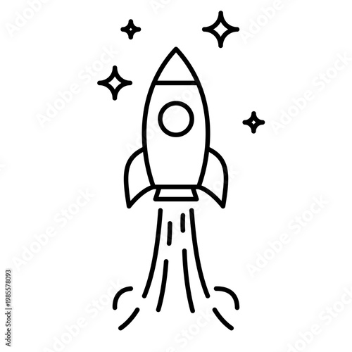 Linear icon of a launching rocket with smoke clouds in a minimalist style. Symbol of successful project launch, innovative startup, rapid development. Vector illustration.