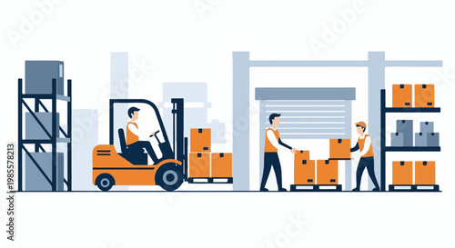 Warehouse workers and forklift operator handle packages on shelves