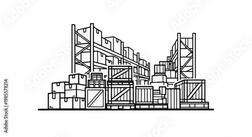 Warehouse storage with shelves filled with boxes and crates