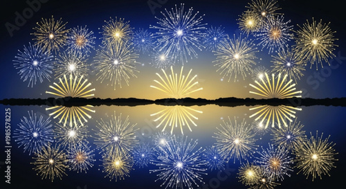 Vibrant fireworks exploding in the night sky reflecting on water creating a festive and celebratory atmosphere for holidays and events