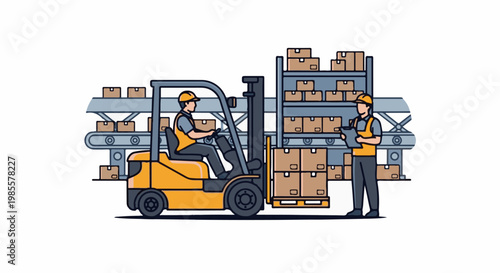 Warehouse workers manage boxes on a conveyor belt and with a forklift