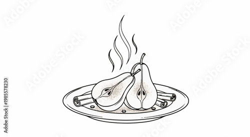 Warm pears with cinnamon sticks on a plate, steaming