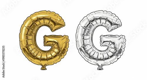 Two inflatable balloons, one golden, one silver, both shaped like the letter 'G'