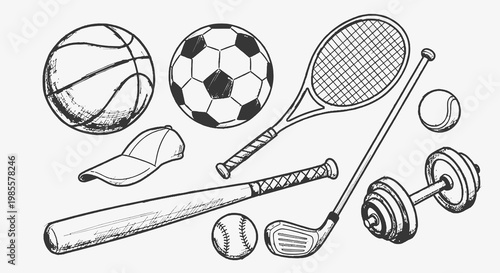 Assorted sports equipment sketch: basketball soccer ball tennis racket baseball bat and dumbbell in vintage drawing style