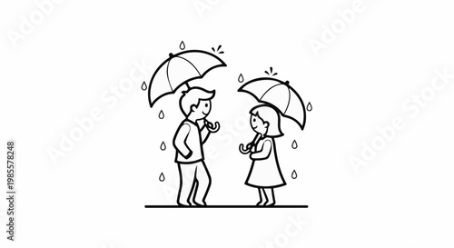 Two simple cartoon figures, a boy and a girl, hold umbrellas in the rain