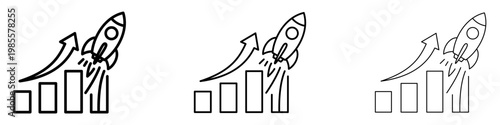 Set of linear rocket icons taking off over a growth chart with different stroke weights. Symbol of successful startup, rapid business development, and progress.