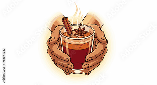 Warm, spiced beverage held by hands, garnished with cinnamon and star anise