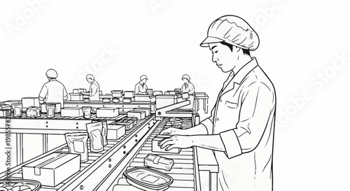 Workers in protective gear sort and package goods on an automated assembly line