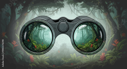 Binoculars viewing vibrant lush rainforest jungle plants vivid green trees and red flowers in a detailed cartoon style illustration
