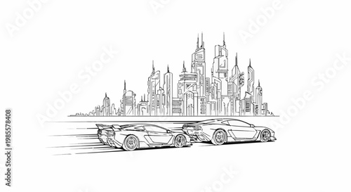 Two sleek sports cars race past a futuristic city skyline under white space