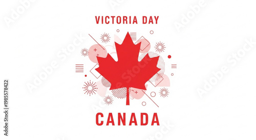 Red maple leaf for Victoria Day and Canada vector illustration with abstract geometric shapes and celebratory elements isolated on white background