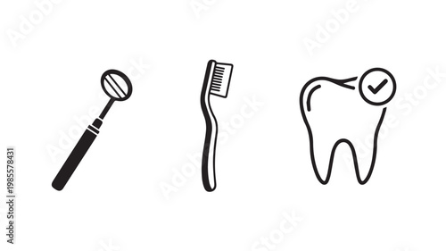 Dental care icons toothbrush mirror and healthy tooth