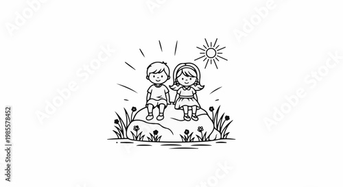 Two smiling children, a boy and a girl, sit together on a rock under a sunny sky