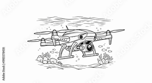 Underwater drone equipped with camera explores coral reef with fish