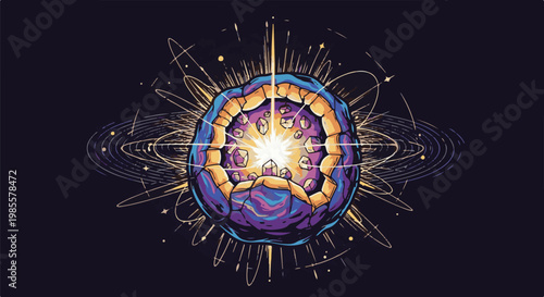 Vibrant cosmic orb with radiating light and swirling celestial rings