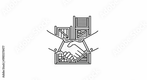 Two hands shake across crates, symbolizing commerce