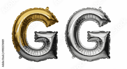 Two inflatable letters G, one gold and one silver, against a white background