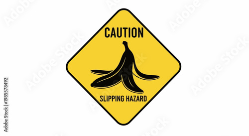Yellow diamond warning sign depicts a black banana peel, caution