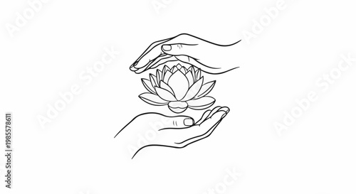 Two hands cupping a delicate lotus flower, symbolizing care and serenity