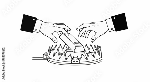 Two hands reach for a gold bar perched precariously on a sprung trap