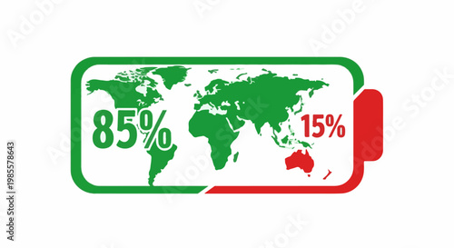 World map on a battery meter showing 85% charged globally