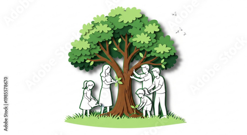 Family planting a tree together symbolizing growth nature and environmental care illustration for sustainability concepts