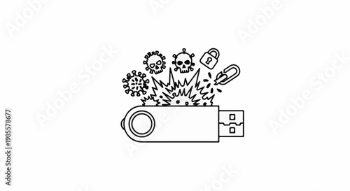 USB drive exploding with malware icons viruses, skulls, lock, chain