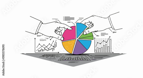 Two hands assemble a colorful pie chart with data graphs and bar charts
