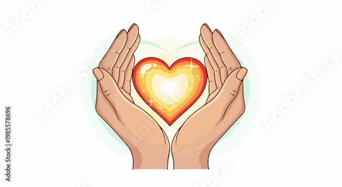 Two hands cupping a glowing, layered heart with light emanating from it