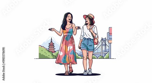 Two smiling young women walking with a pagoda and bridge in the background