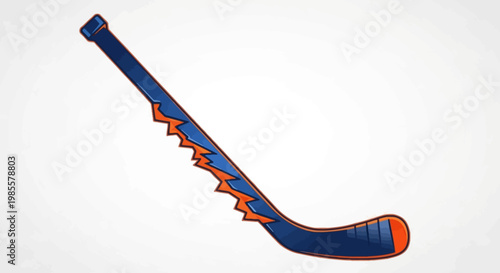 Cartoon hockey stick with blue and orange lightning bolt pattern illustration; sports equipment design element on white swirl backdrop