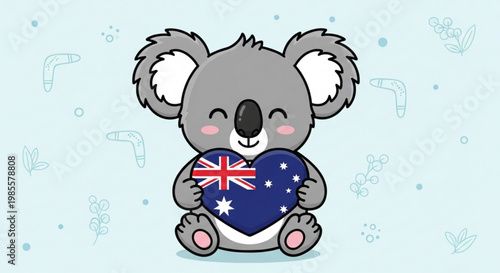 Cute cartoon koala holding an Australian flag heart adorable illustration for travel and national pride themes isolated on a light blue background with subtle patterns