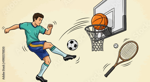 Cartoon of a soccer player kicking a soccer ball near a basketball hoop tennis racket and tennis ball in a colorful illustration
