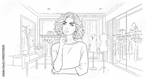 Woman thoughtfully browsing clothing racks in a boutique