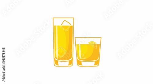 Two glasses filled with yellow beverage and ice cubes