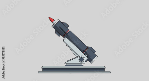 Cartoon rocket launcher on platform angled up ready to fire outlined graphic style gray tones military technology defense system