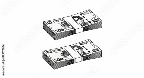 Two stacks of banded paper currency, each depicting portraits and numerical denominations