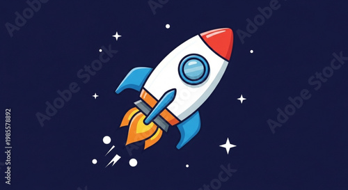 Cartoon rocket ship blasting off into starry night sky space exploration concept flat vector illustration for childrens books and science projects