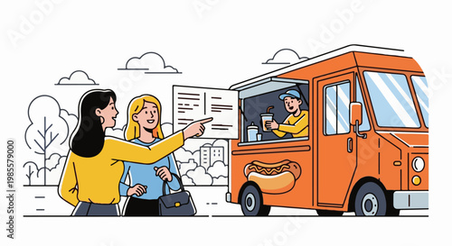 Two friends point at a menu outside an orange food truck