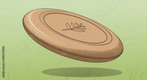 Cartoon-style illustration of a brown frisbee with leaf design floating above green grass in a stylized outdoor setting