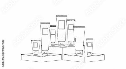 Various size containers arranged on display shelves, a sketch