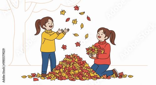 Two girls playing with autumn leaves, one tossing leaves up, one holding a pile