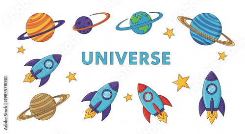 Collection of cartoon planets rockets and stars representing the universe for childrens education and space exploration themes isolated on white