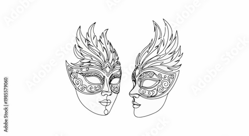 Two ornate, feather-adorned masks face each other, one frontal, one profile