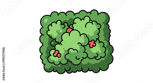 Cartoon style top down view of a lush green bush with vibrant red berries perfect for game design and landscape illustrations