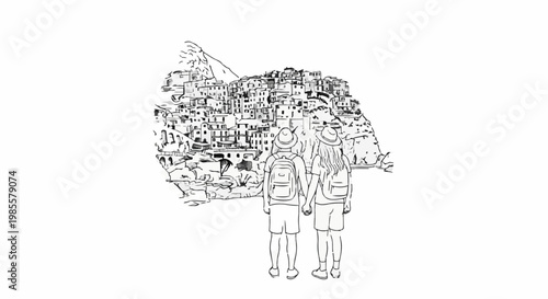 Two figures with backpacks gaze at a picturesque coastal village clinging to a cliffside